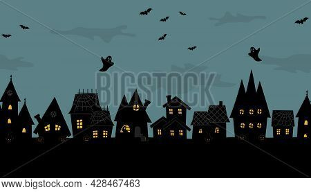 Halloween Town. Creepy Houses. Seamless Border. Black Silhouettes Of Houses On A Blue Background. Th