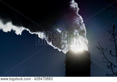 Bucharest, Romania - January 15, 2021: Chimney Of Cet Progresul Power Plant, Pollute With Smoke From