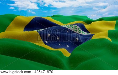 Brazil Flag In The Wind. Realistic And Wavy Fabric Flag. 3d Rendering.