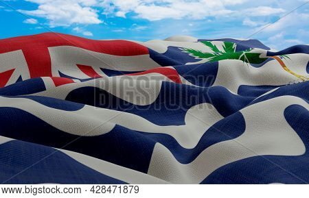 British Indian Ocean Flag In The Wind. Realistic And Wavy Fabric Flag. 3d Rendering.