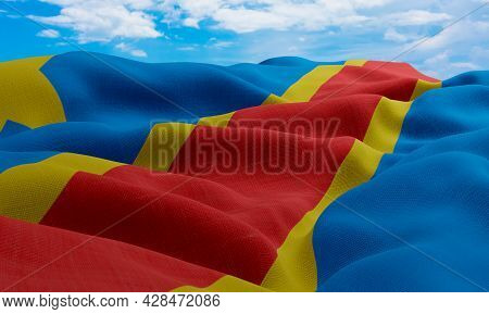 Democratic Republic Of Congo Flag In The Wind. Realistic And Wavy Fabric Flag. 3d Rendering.