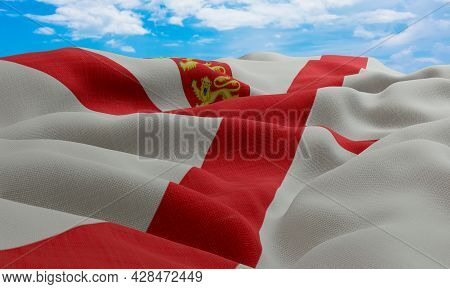 Jersey Flag In The Wind. Realistic And Wavy Fabric Flag. 3d Rendering.