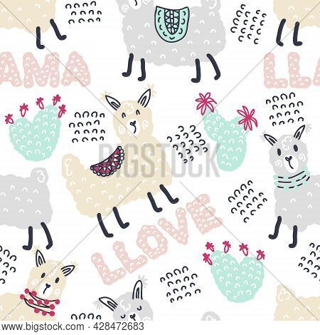 Pastel Colored Seamless Pattern Of Lamas, Cactuses And Text Llama Llove. Perfect For T-shirt, Textil