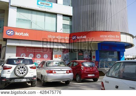 Sign Board: Kotak Mahindra Bank Sign Board Showing The Logo And Text. Kotak Mahindra Bank Is An Indi