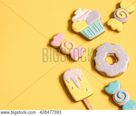 Beautiful Gingerbread Cookies For A Children's Party In The Form Of Sweets And Candies, Flat Lay.
