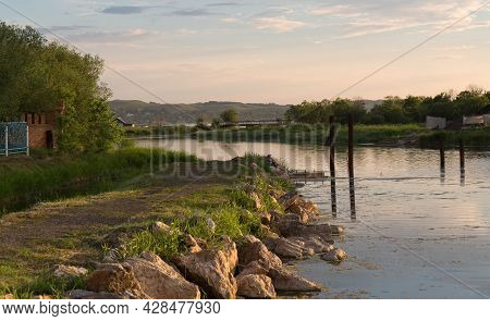 Evening View Of The Kopa River In The Center Of The City Of Kokshetau, Republic Of Kazakhstan