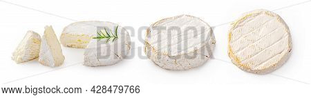 Fresh Camembert Cheese With Sliced Camembert Isolated. Camembert Cheese Piece With Rosemary On White