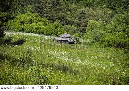 Historic Russian Tank T34 In The Death Valley, Near Kapisova Village, Slovak Republic. World War Ii 