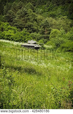 Historic Russian Tank T34 In The Death Valley, Near Kapisova Village, Slovak Republic. World War Ii 