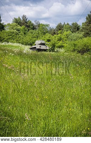 Historic Russian Tank T34 In The Death Valley, Near Kapisova Village, Slovak Republic. World War Ii 