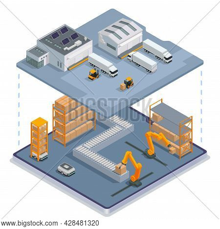 Modern Warehouse Colored Isometric Concept Two Story Warehouse Complex From The Inside With Parking 