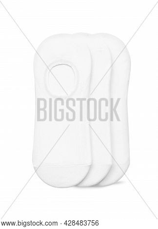 White Color Short Mini Socks Mockup For Design Isolated On White Background. Set Of Short Socks For 