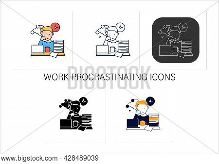 Work Procrastinating Icons Set.unnecessarily Postpone Dealing Work-related Tasks. Tired Person.overl
