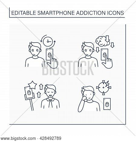 Smartphone Addiction Line Icons Set. Virtual World. Encouraging Self Absorption, Diminishing Ability