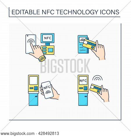Nfc Technology Color Icons Set. Safety Payment System On Smart Watch Or Mobile Phone. Near Field Com