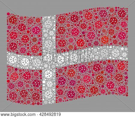 Mosaic Waving Denmark Flag Constructed Of Covid-2019 Items. Vector Covid-2019 Collage Waving Denmark