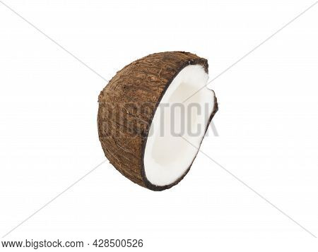 Half A Coconut With Fresh Flesh And Peel Isolated On A White Background.