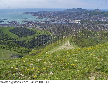 A Beautiful Panorama On The Black Sea Coast. Mountain Scene View Of The Town Landscape And Village H