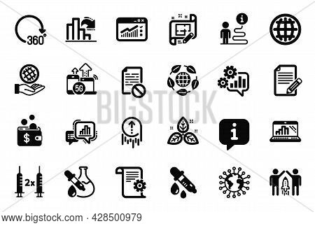 Vector Set Of Science Icons Related To Chemistry Pipette, Graph Laptop And 360 Degrees Icons. Corona
