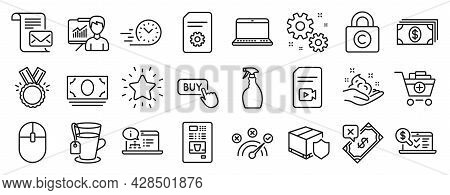 Set Of Line Icons, Such As Video File, Spray, Work Icons. Copyright Locker, Fast Delivery, Computer 