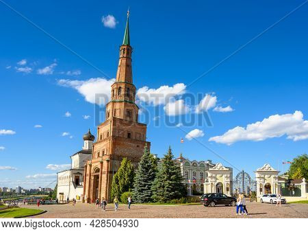 Kazan, Russia - June 16, 2021: Suyumbike Tower In Kazan Kremlin. This Leaning Building Is Famous Tou
