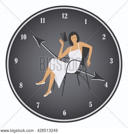 Woman Speaks On A Smartphone Against The Background Of A Wall Clock - Vector. At Night, Late In The 