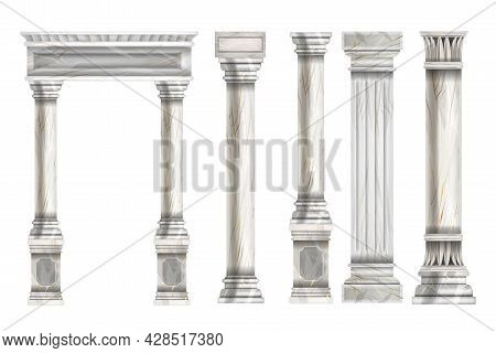 Roman Stone Column Set, Vector Marble Greek Pillar Collection, Ancient Architecture Decorative Objec