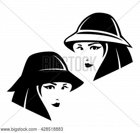 Cool Teenage Girl With Short Stylish Haircut Wearing Bucket Hat Black And White Vector Portrait