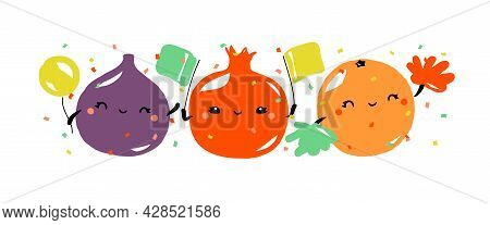 Kawaii Characters Of Fig, Pomegranate And Orange Celebrating Joyful Holiday. Cute Fruits With Multic