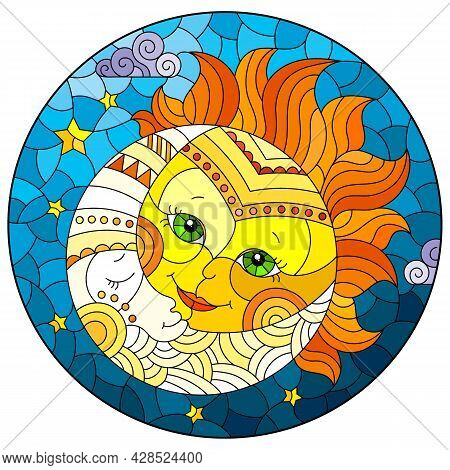 Illustration In The Style Of A Stained Glass Window With A Cute Sun And Moon On A Blue Sky Backgroun