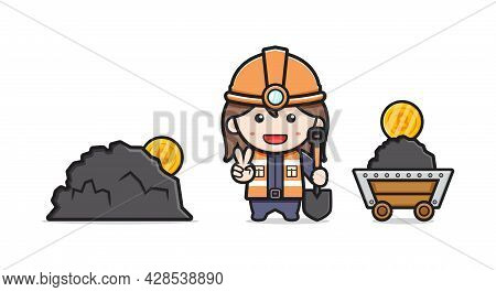 Cute Miner Mine Bitcoin Icon Illustration. Design Isolated Flat Cartoon Style