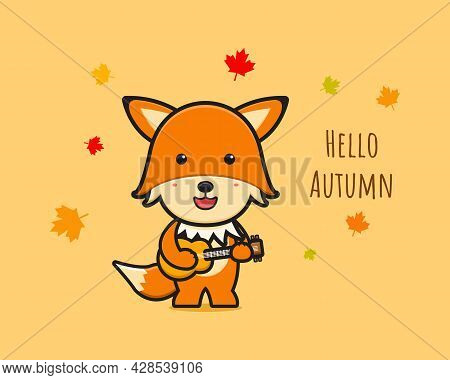 Cute Fox Celebrate Autumn Cartoon Icon Illustration. Design Isolated Flat Cartoon Style