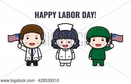 Cute Doctor & Nurse Celebrate Labor Day Cartoon Illustration. Design Isolated Flat Cartoon Style