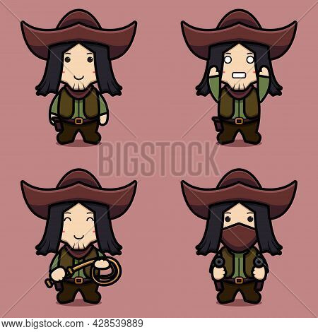 Set Of Cute Cowboy Mascot Character With Different Poses Cartoon Vector Icon Illustration. Design Is