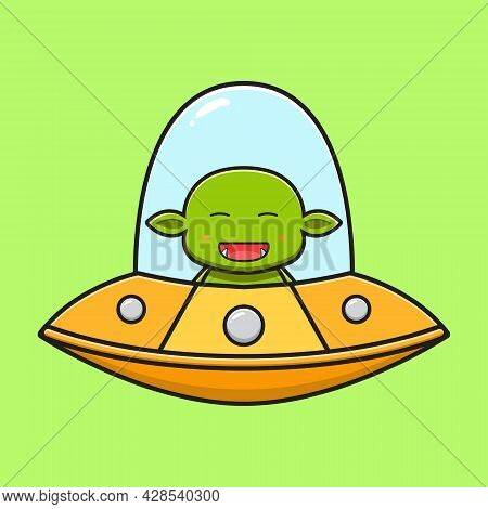 Cute Goblin Driving A Ufo Cartoon Icon Illustration. Design Isolated Flat Cartoon Style