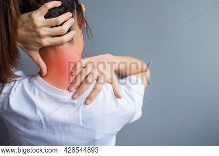 Woman With Her Neck Sprain, Muscle Painful During Overwork. Girl Having Body Problem After Wake Up. 