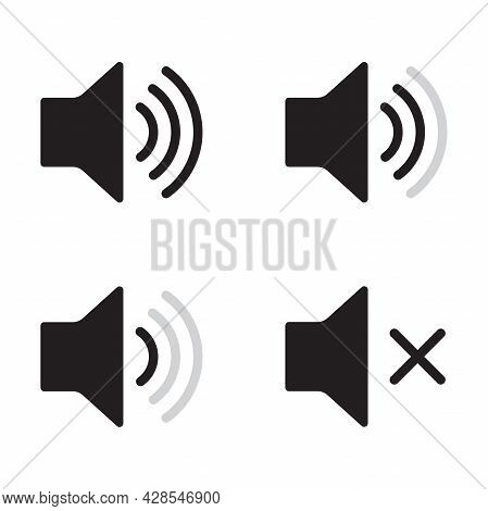 Set Of Speaker Volume Flat Vactor Icon. Symbols On, Off, Mute, High, Low Sound Signs For Graphic Des