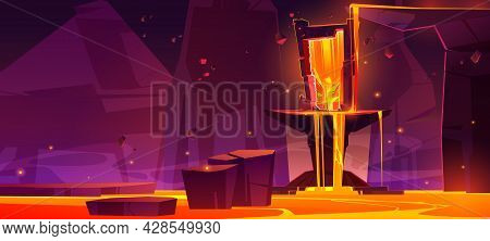 Magic Portal In Hell Underground Landscape, Infernal Door In Hot Volcano Cave With Lava Flow From Cr