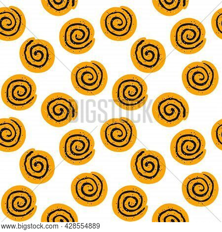 Cinnamon Rolls With Sugar. Seamless Pattern With Swirl Buns. Hand Drawn Isolated Vector Illustration