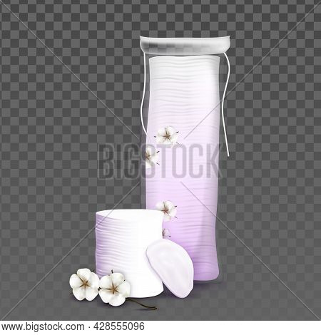 Cotton Pads Blank Bag And Blossom Flower Vector. Soft Cotton Pads Packaging And Natural Blooming Pla