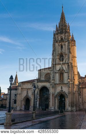 San Salvador Cathedral Of Oviedo In Alfonso Ii El Casto Square At Sunrise.
