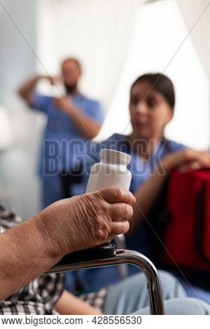Specialist Social Asisstant Woman Worker Discussing Health Care Therapy With Disabled Pensioner Pati
