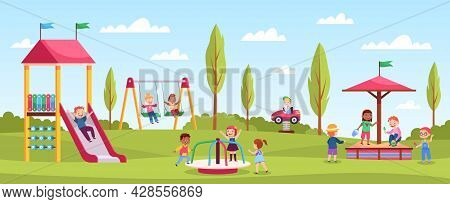 Children Playground Playing. Happy Girls And Boys Play Playing Area, Outdoor Activities, Kindergarte