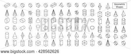 Set Of 3d Basic Geometric Shapes. Isometric View. Linear Objects For School, Science, Geometry And M