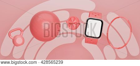 Fitness Equipment Concept, Kettlebell, Fitness Ball, Abdominal Wheel, Smartwatch Blank Screen, Hula 