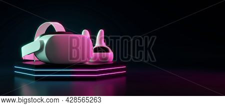 Virtual Reality Goggles, Vr Glasses, Headset With Controllers On Neon Light Podium