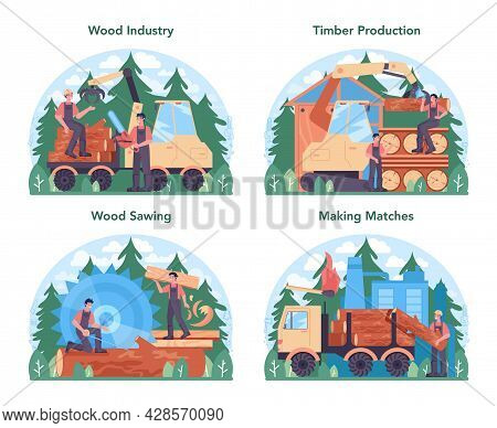 Wood Industry And Timber Production Set. Logging And Woodworking
