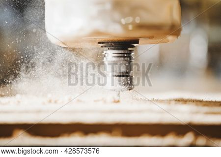 Close-up Shot Of Machine With Numerical Control Cuts Wood. Cnc Tool.