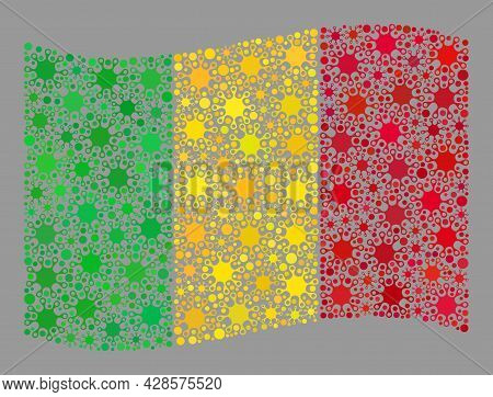 Waving Mosaic Mali Flag Created Of Covid-2019 Icons. Mali Flag Collage Is Done With Random Viral Ite