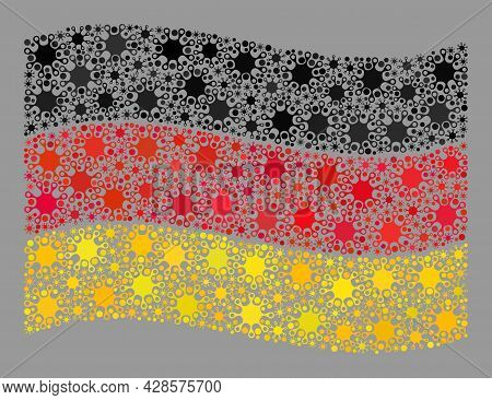 Waving Mosaic Germany Flag Created Of Coronavirus Items. Germany Flag Collage Is Shaped Of Random Co